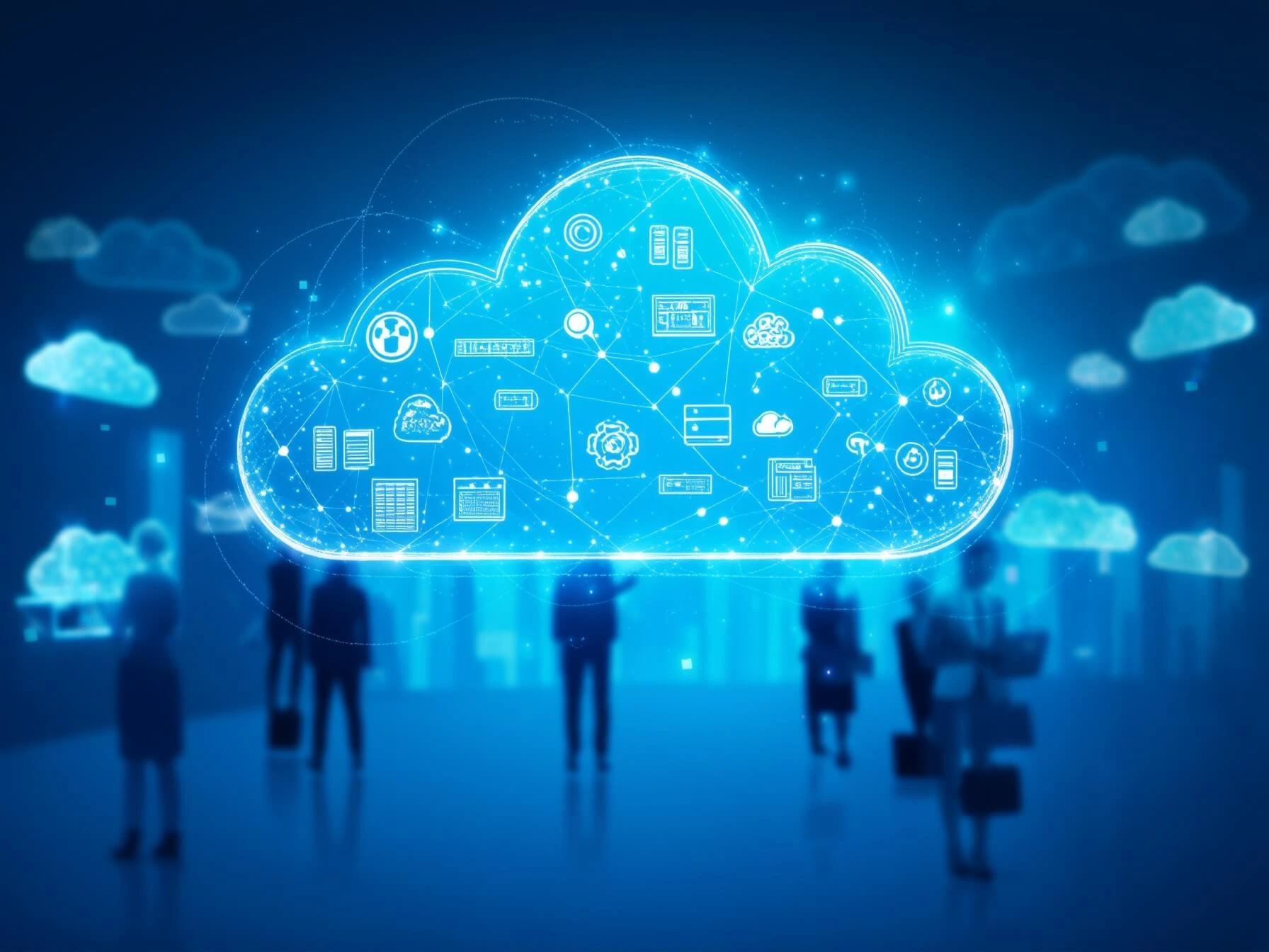 Illustration of interconnected digital clouds with technology icons, representing the essentials and benefits of cloud computing.