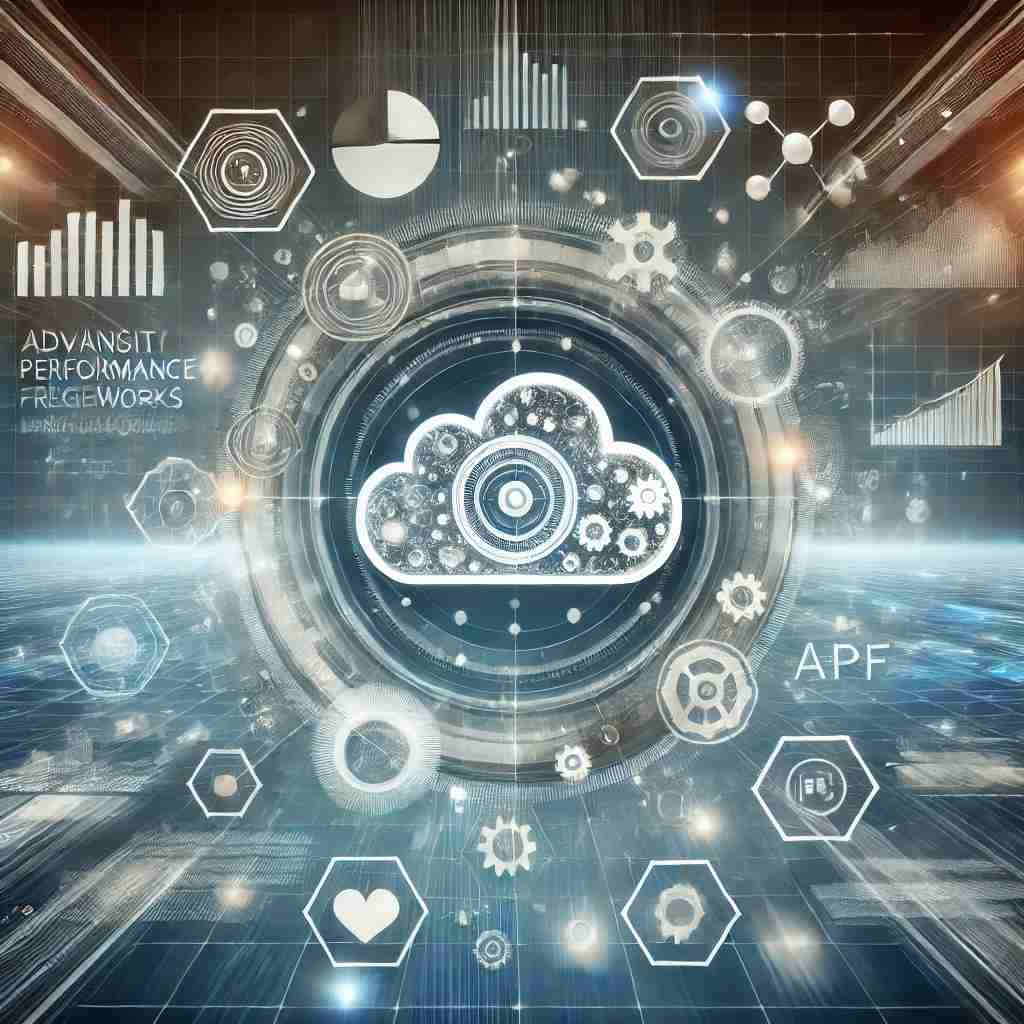 Futuristic illustration of cloud computing with a central cloud icon, data flow lines, and abstract elements like charts and gears representing APF.